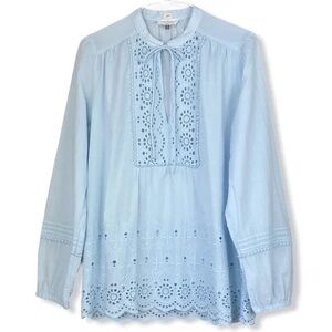 Loft Women's Light Blue eyelet peasant Embroidered cotton Top shirt size Small
